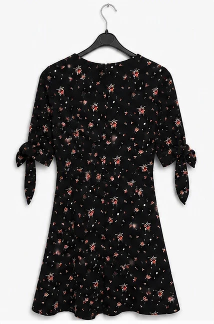 Easy Wear Black Floral Dress – Size XS – Knotted Sleeves – Very Good Condition – photo 3